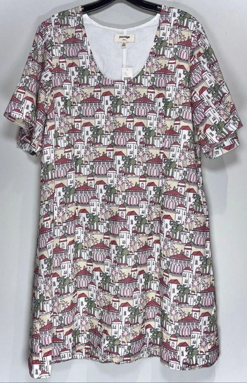 Anthropologie Porridge short-sleeve linen scenic printed mini dress size XL